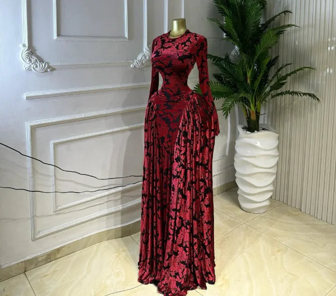 Velvet & Mesh Corseted Pleated A-Line Maxi Dress
