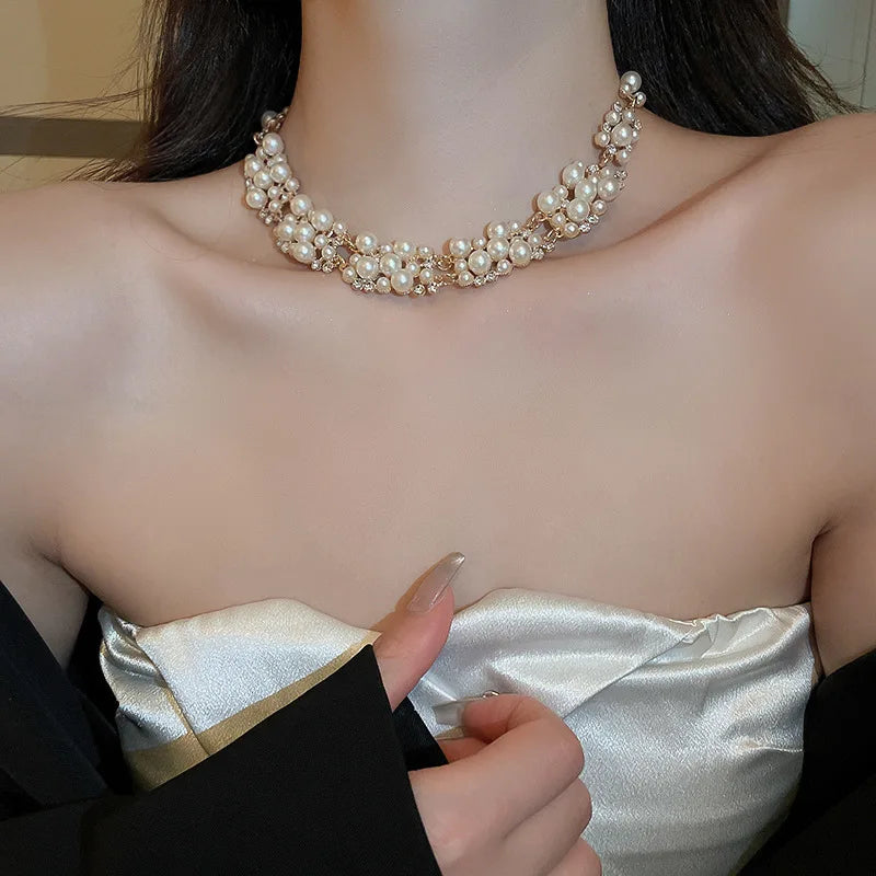 Pearl Rhinestone Choker Set – 3pcs Vintage Light Luxury Necklace & Earrings