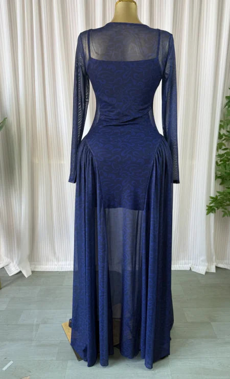 Velvet & Mesh Corseted Pleated A-Line Maxi Dress