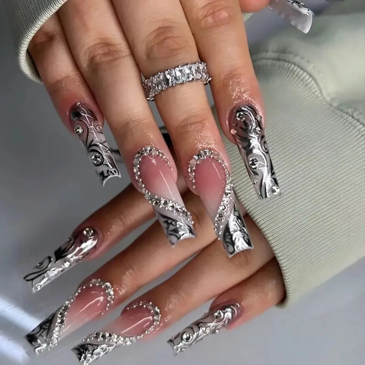 Diamond & Gold Butterfly Press-On Nails – 24pcs Long Elegant Acrylic