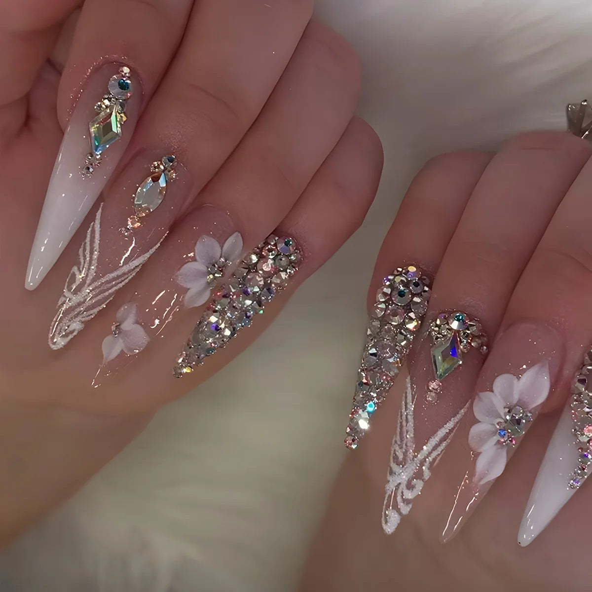 Nude Flower Rhinestone Stiletto Press-On Nails - Almond