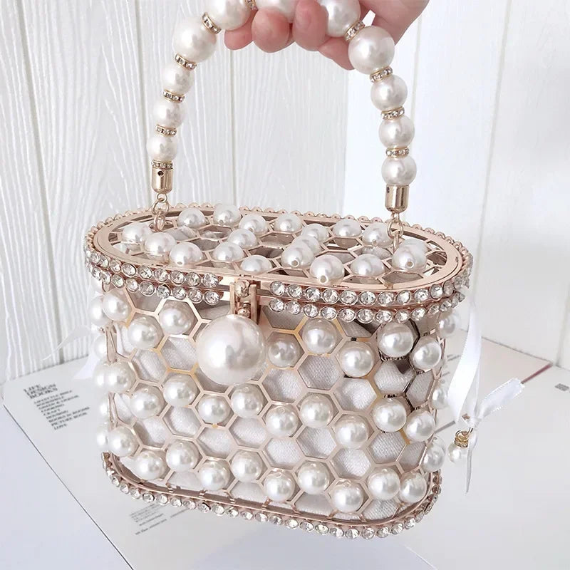Luxe Pearl & Diamond Metallic Evening Bag