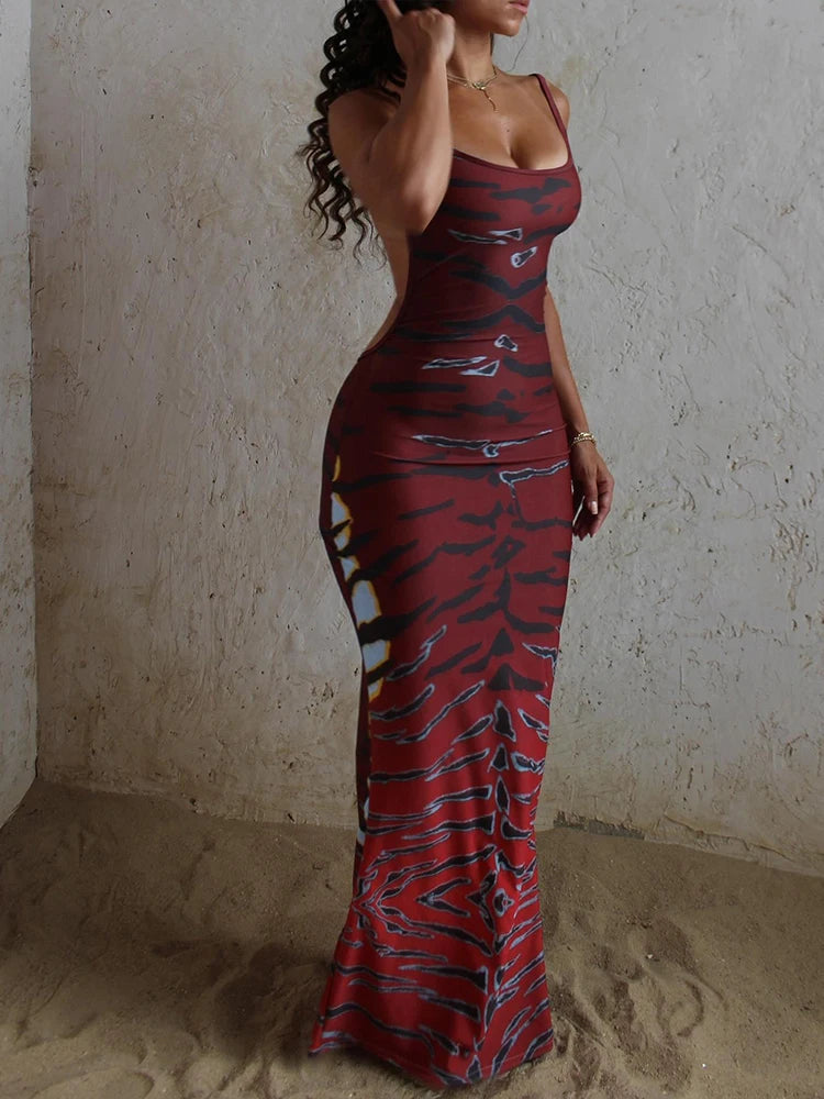 Burgundy Camo Print Maxi Dress with Side Cutouts - Wild Elegance