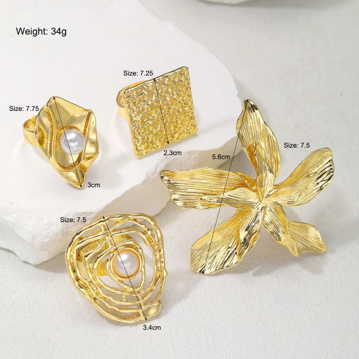 4pc Punk Flower Ring Set – Exaggerated Gold Geometric Statement Rings