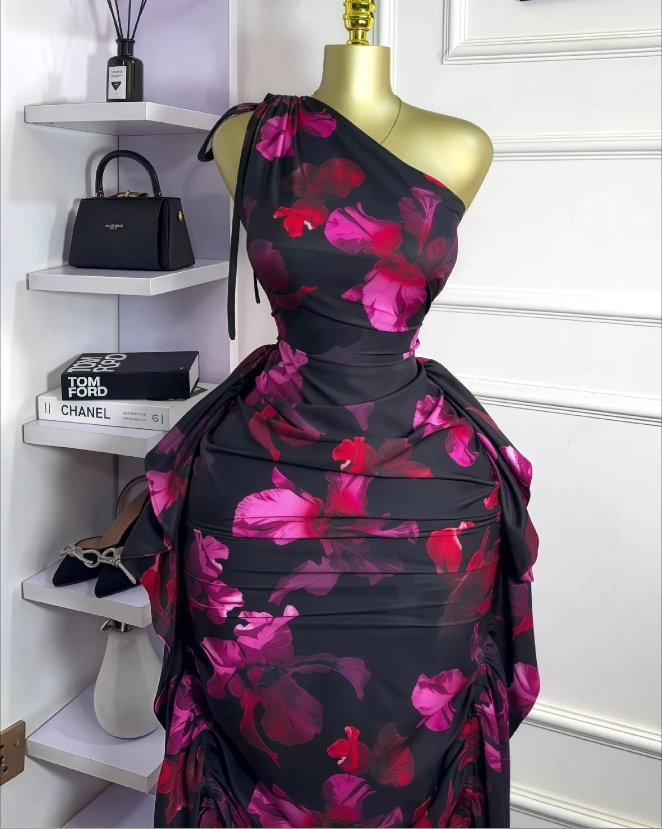 Floral One-Shoulder Ruched Maxi Dress