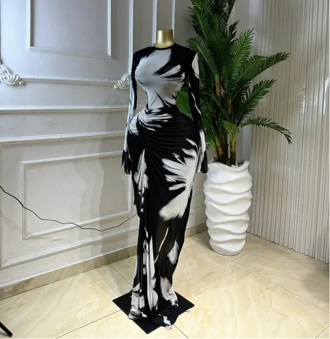 Abstract Print Ruched Stacked Maxi Dress