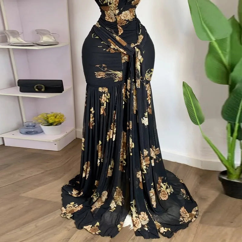 Floral Halter V-Neck Backless Ruched Ruffle Maxi Dress