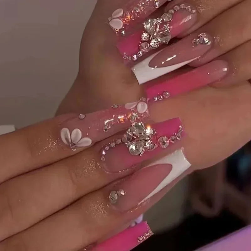 Diamond & Gold Butterfly Press-On Nails – 24pcs Long Elegant Acrylic