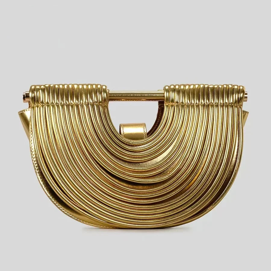 Gold Handwoven Noodle Hobo Bag – Luxury Half Round Evening Clutch