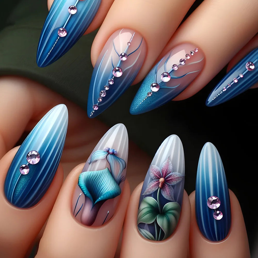 Nude Flower Rhinestone Stiletto Press-On Nails - Almond