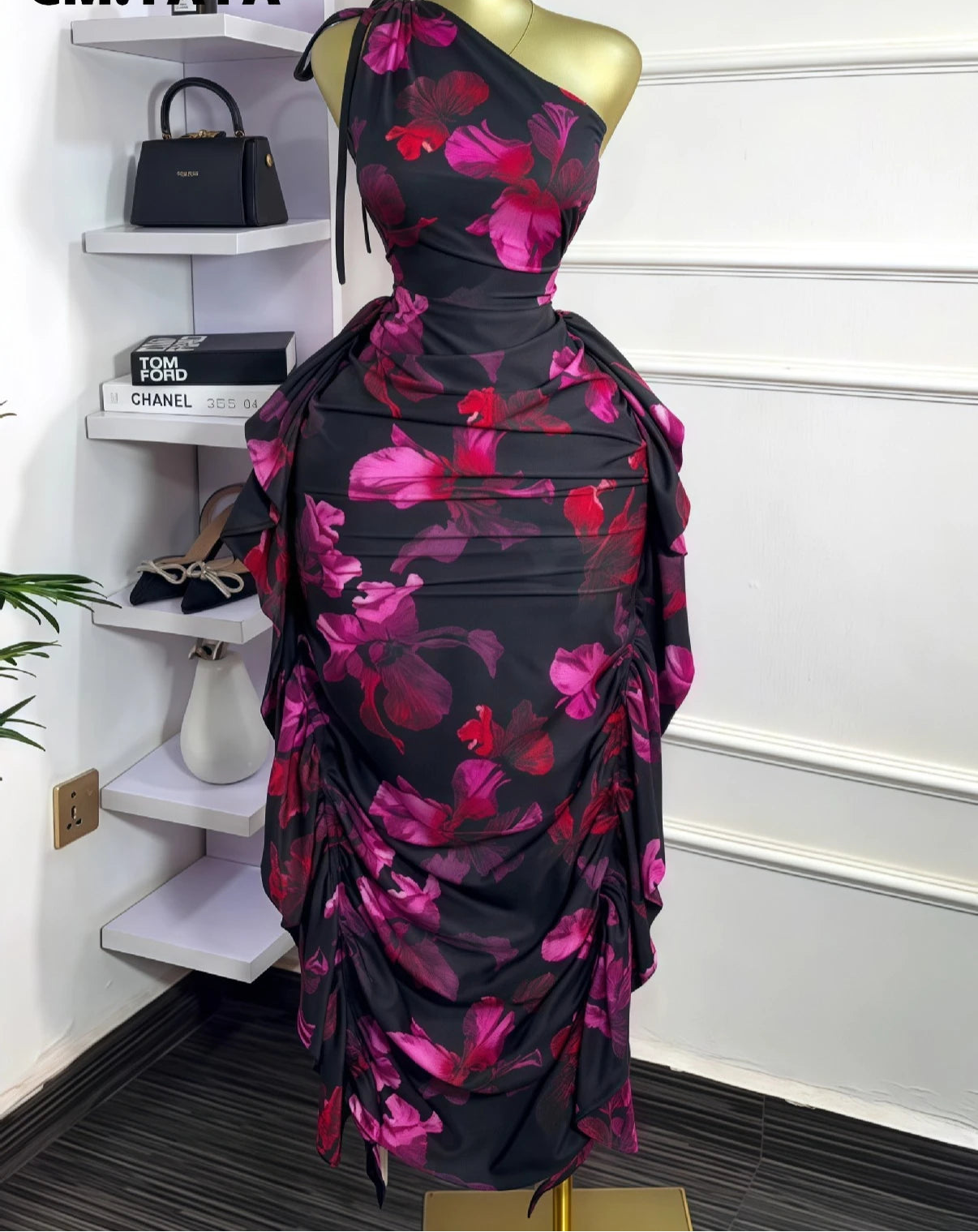Floral One-Shoulder Ruched Maxi Dress