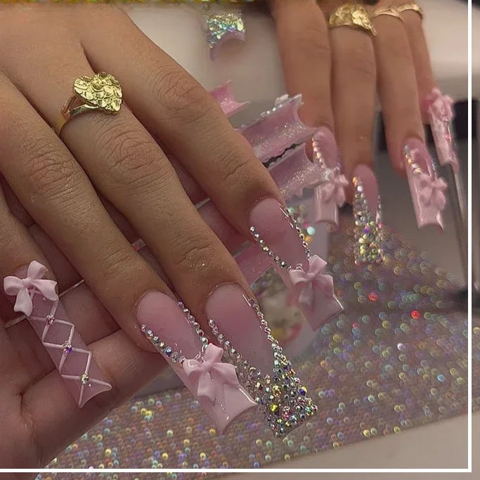 Diamond & Gold Butterfly Press-On Nails – 24pcs Long Elegant Acrylic