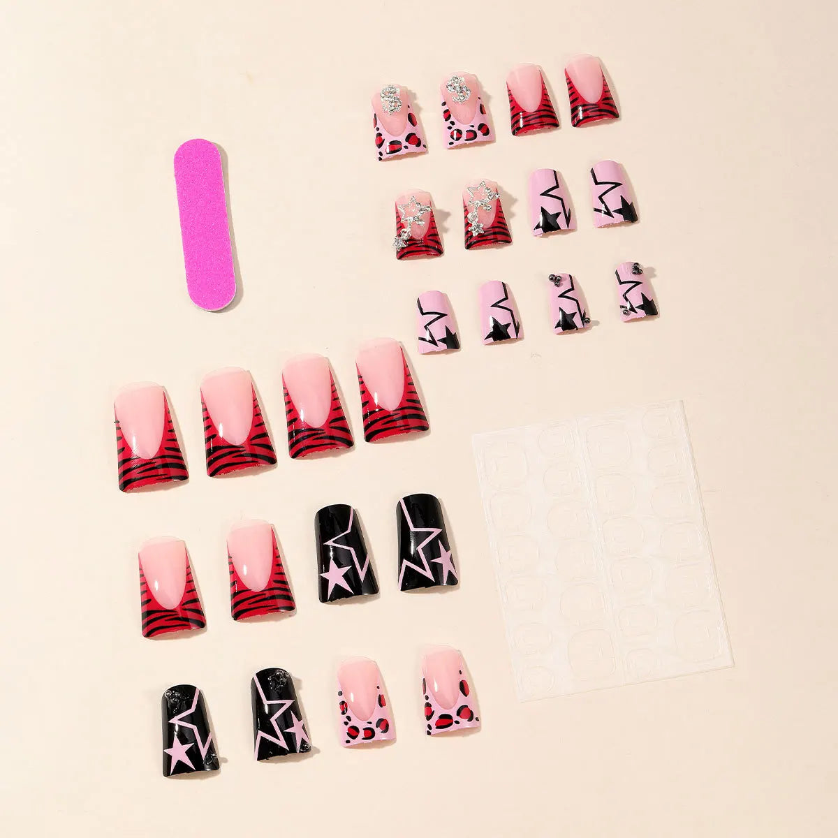 Y2K Punk Press-On Nails – 24pcs Duckbill Rhinestone & Star Decor
