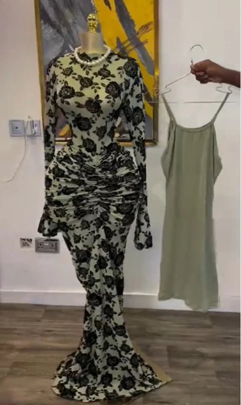 Mesh Bodycon Flare Sleeve Maxi Dress