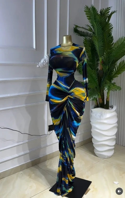 Tie Dye Ruched Bodycon Maxi Dress – Long Sleeve Floor-Length Vacation Dress