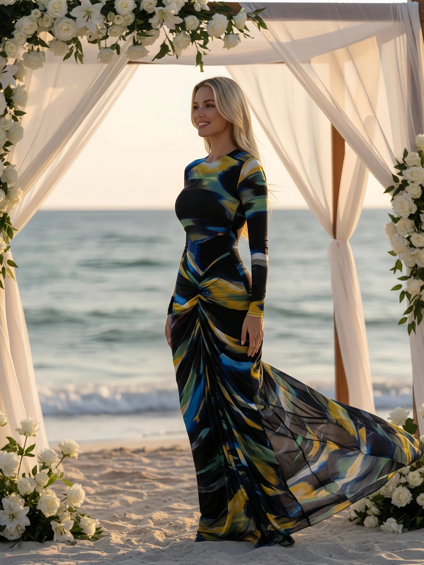 Tie Dye Ruched Bodycon Maxi Dress – Long Sleeve Floor-Length Vacation Dress