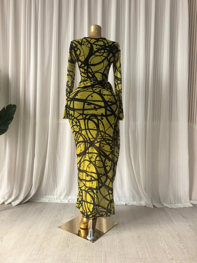 Striped Ribbon Ruched Long Sleeve Bodycon Maxi Dress