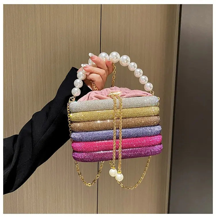 Luxe Pearl & Diamond Metallic Evening Bag