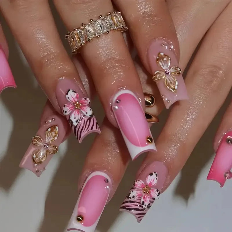 Diamond & Gold Butterfly Press-On Nails – 24pcs Long Elegant Acrylic