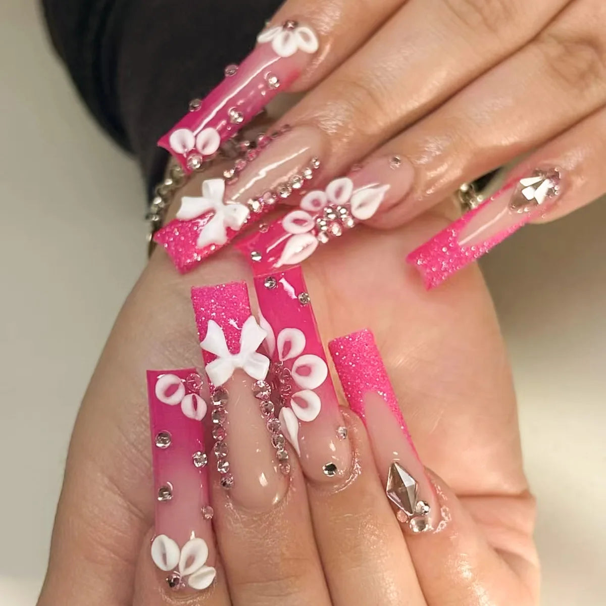 Pink Butterfly Glitter Press-On Nails - French Ballet