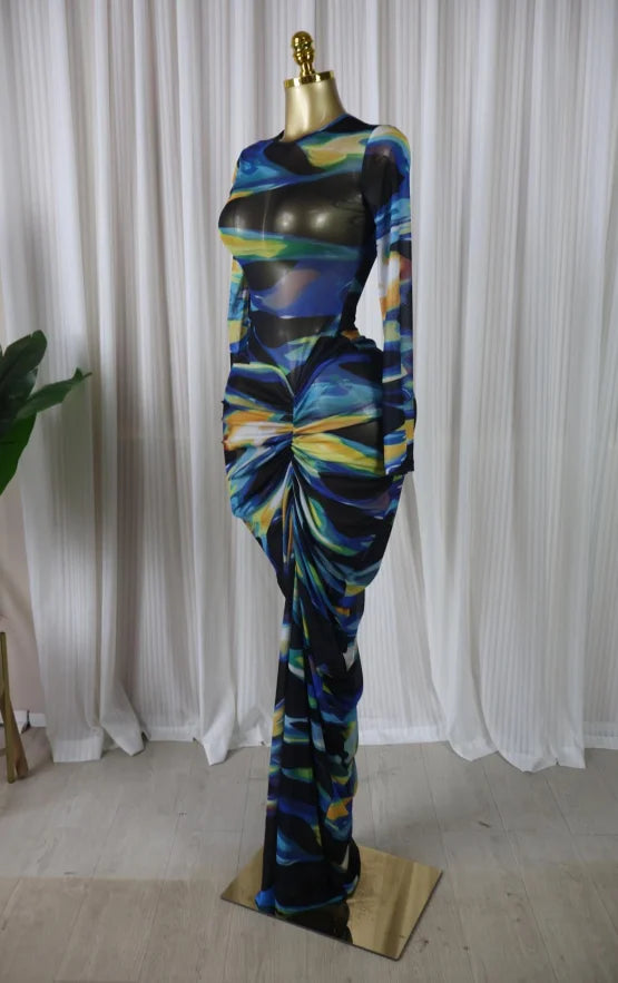 Tie Dye Ruched Bodycon Maxi Dress – Long Sleeve Floor-Length Vacation Dress