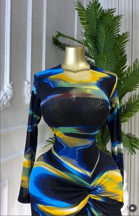 Tie Dye Ruched Bodycon Maxi Dress – Long Sleeve Floor-Length Vacation Dress