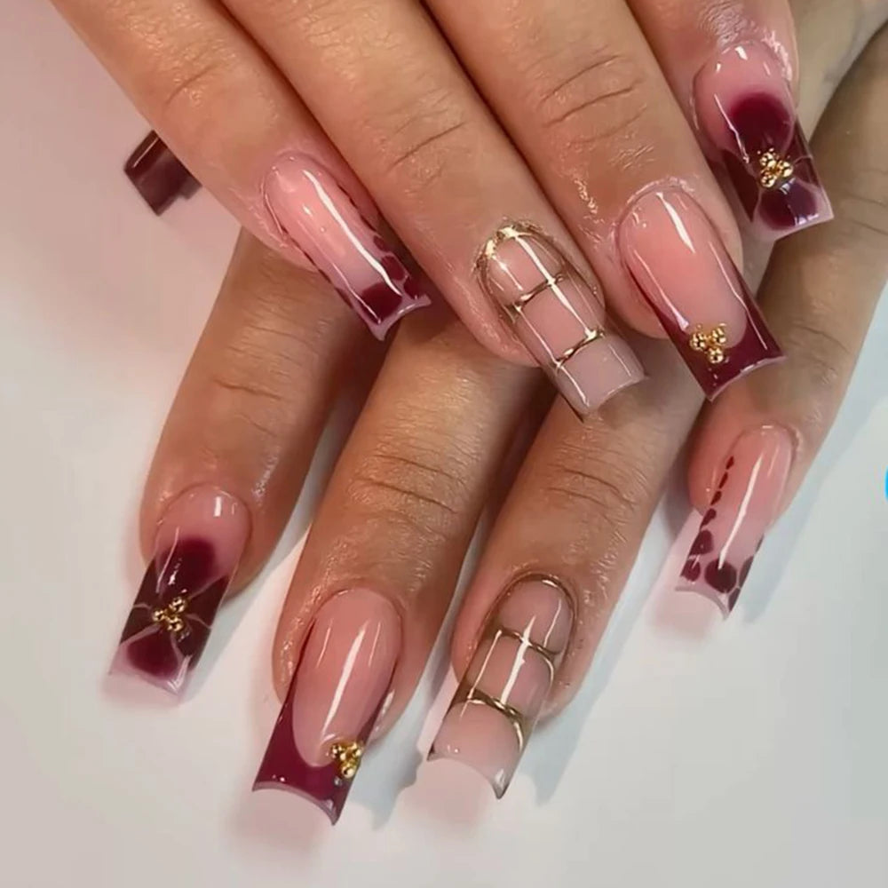 Retro Floral Gold Coffin Press-On Nails (24pcs)