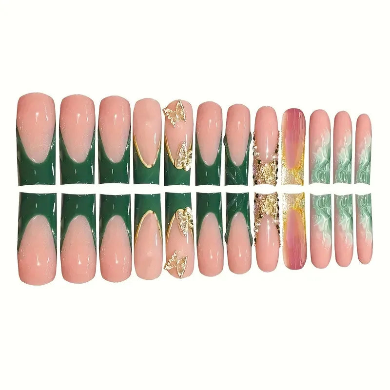 Diamond & Gold Butterfly Press-On Nails – 24pcs Long Elegant Acrylic