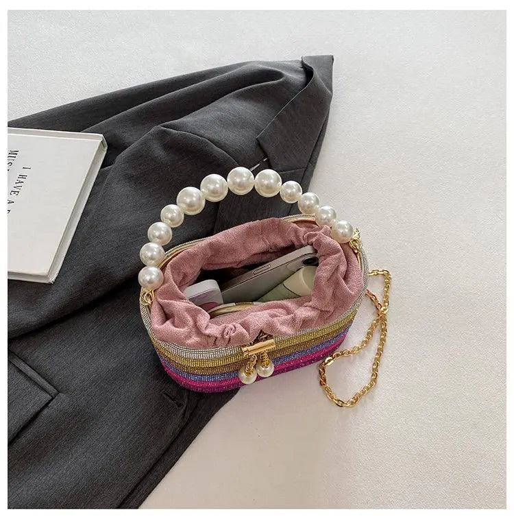Luxe Pearl & Diamond Metallic Evening Bag