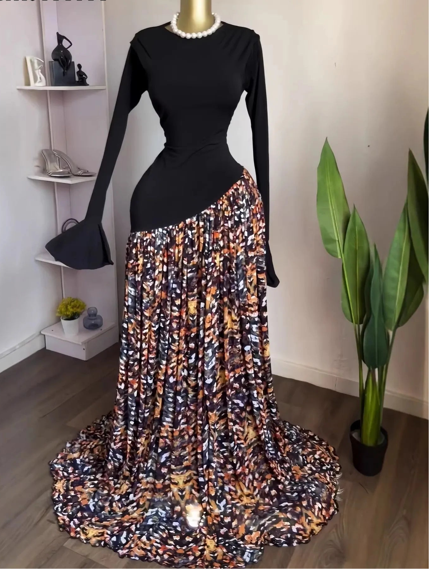 Printed Flare Sleeve Maxi Dress