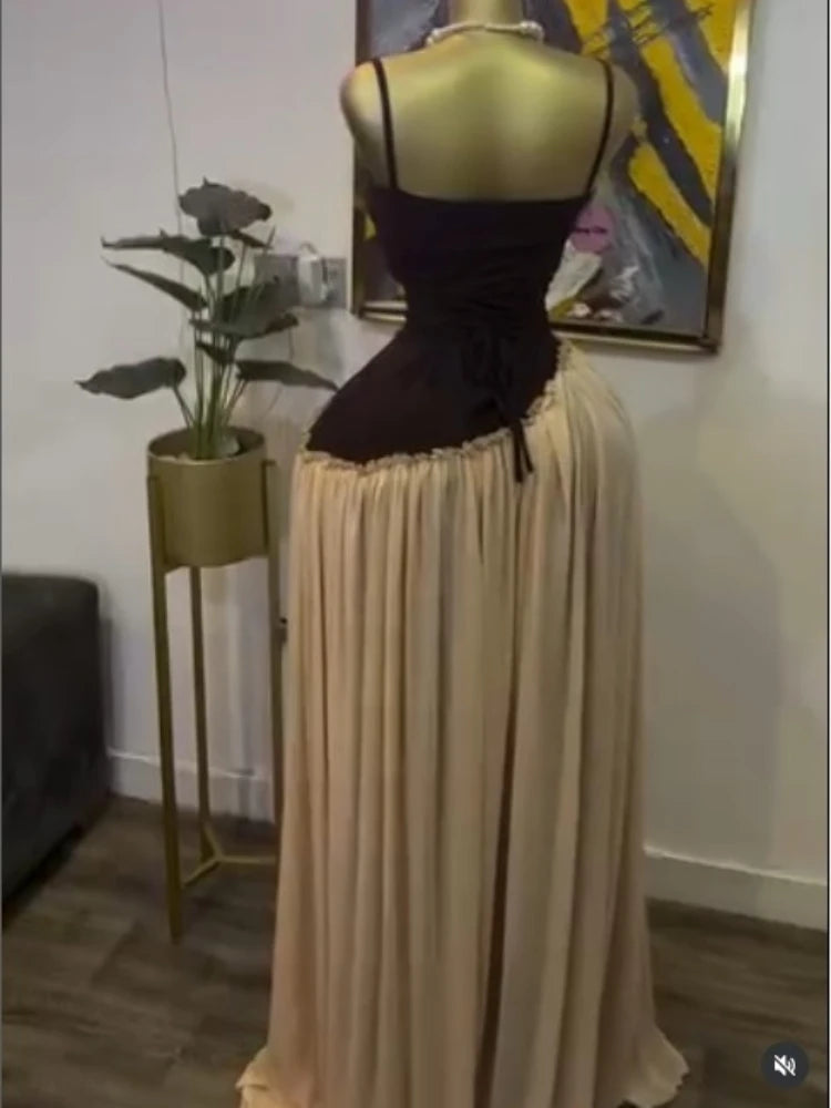 Patchwork Ruffle Strap A-Line Maxi Dress with Scarf