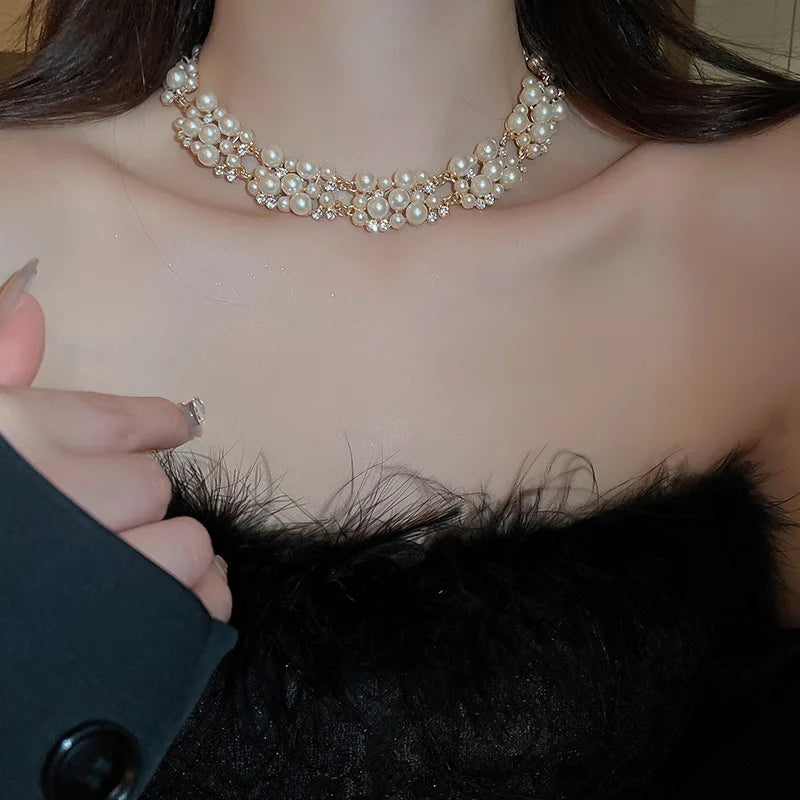 Pearl Rhinestone Choker Set – 3pcs Vintage Light Luxury Necklace & Earrings