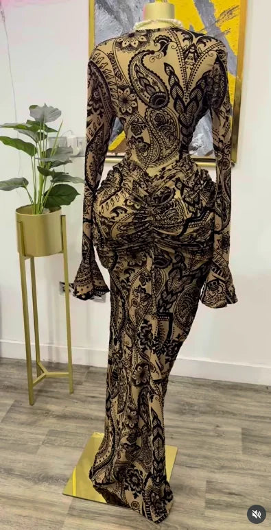 Mesh Bodycon Flare Sleeve Maxi Dress