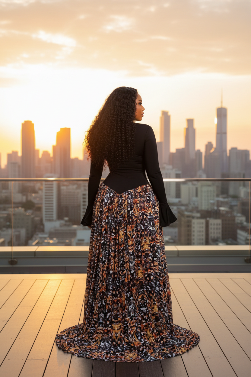 Black dress back view rooftop