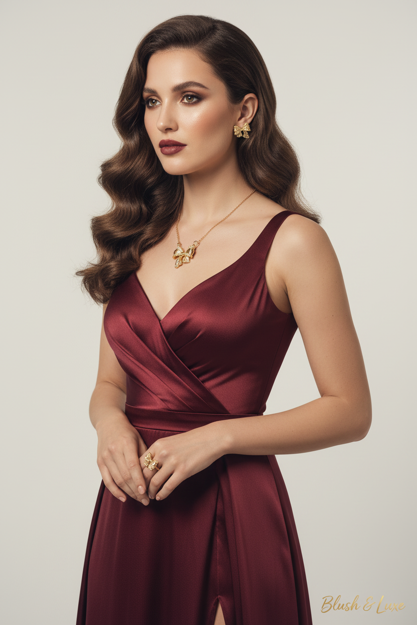 Blush & Luxe Gold Bow Jewellery - Light Skin Model with Body Wave Wig