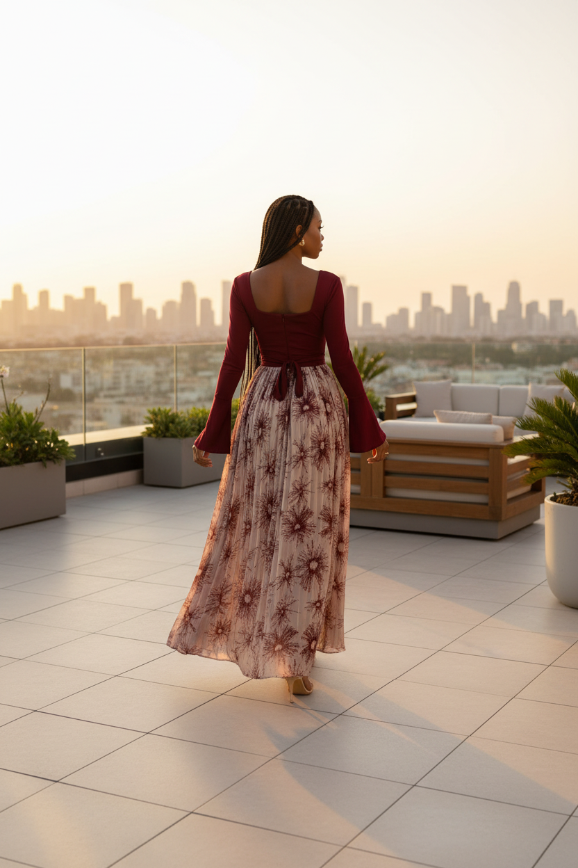 Burgundy dress back view rooftop