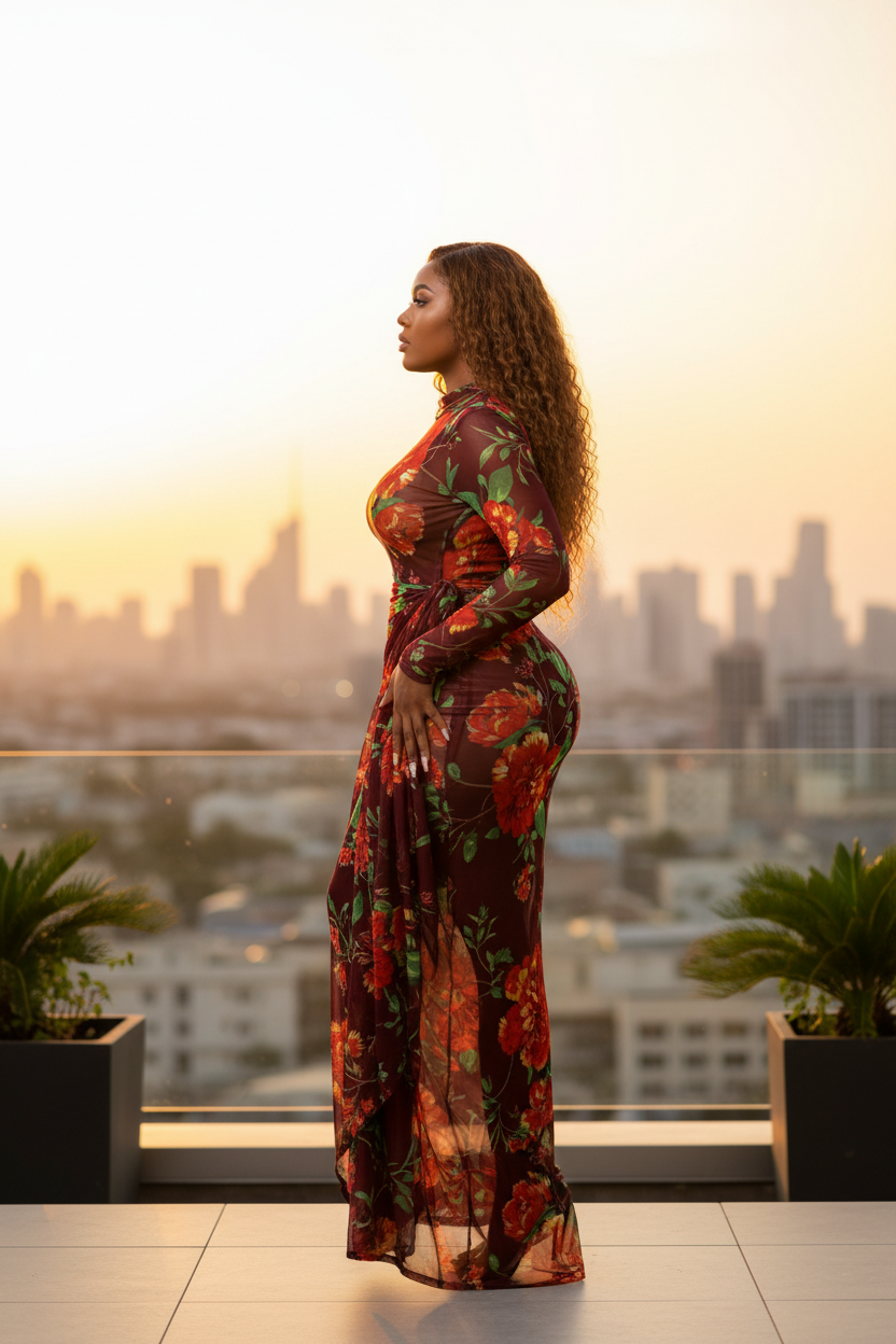 Burgundy floral dress side