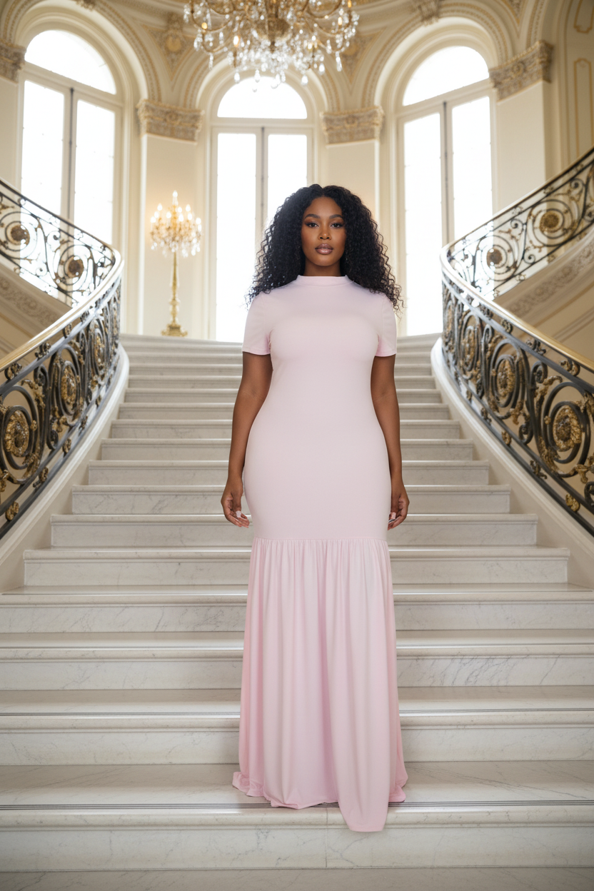 Curvy caramel model in pink dress on staircase