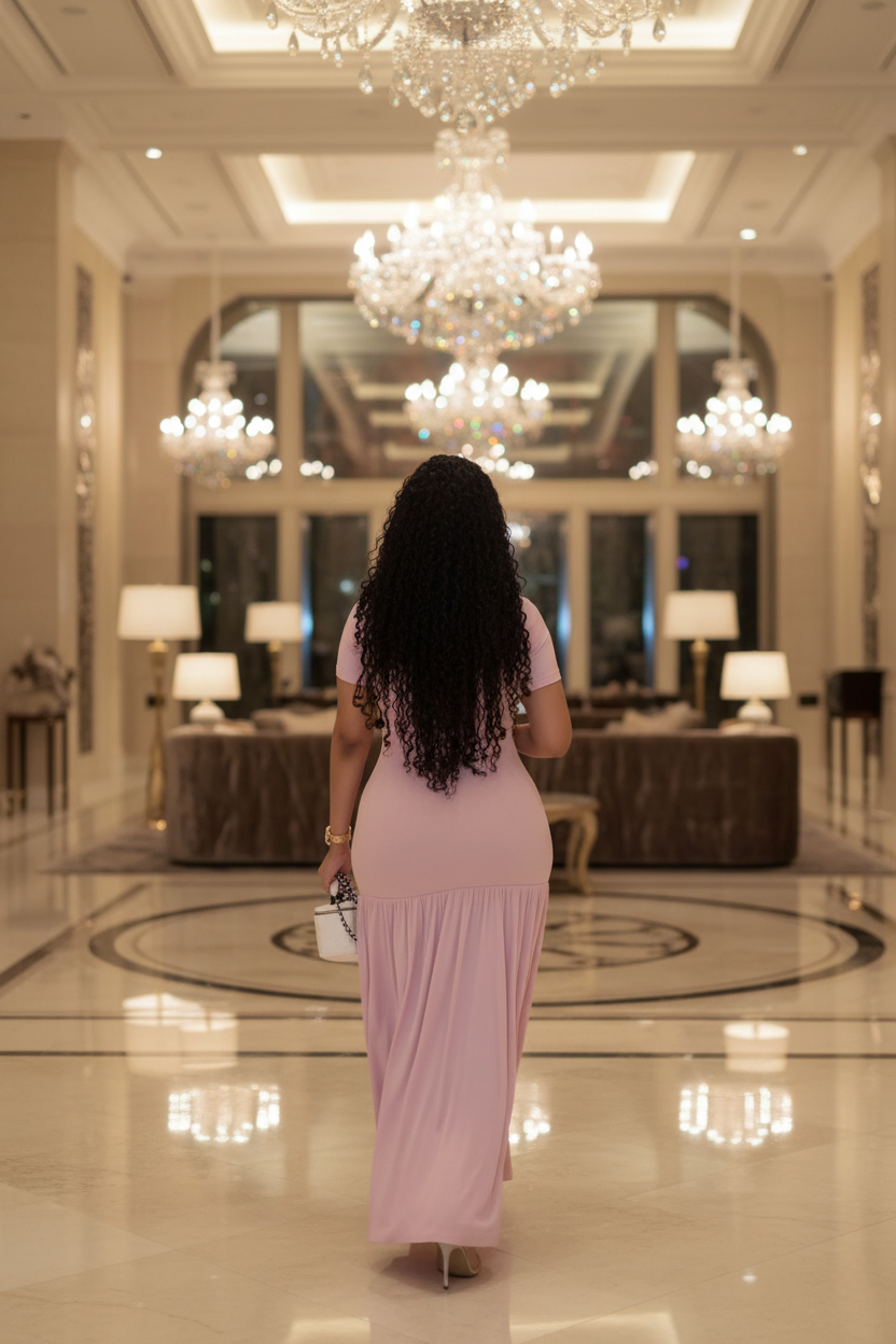 Curvy model back view hotel lobby
