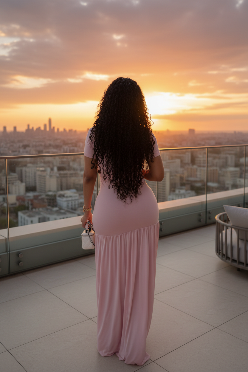 Curvy model back view rooftop