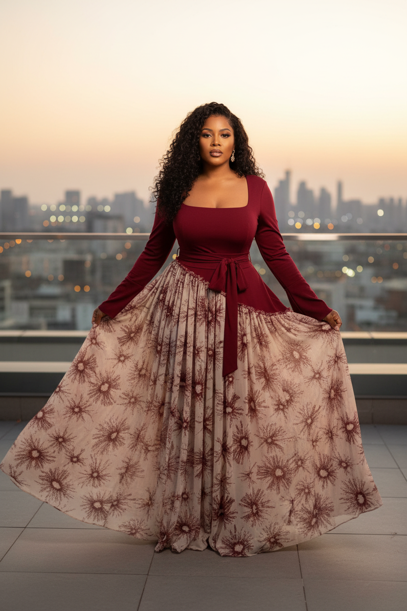 Curvy model burgundy dress rooftop