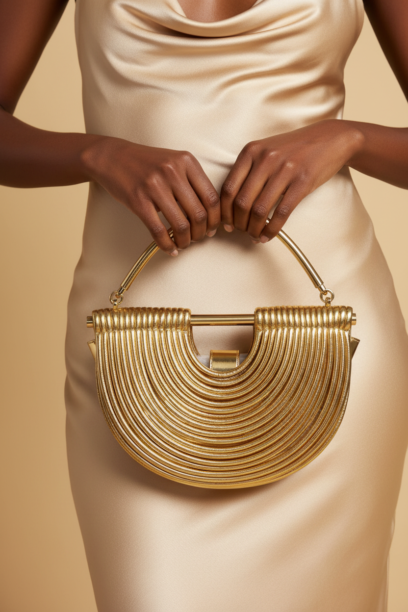 Gold Handwoven Noodle Bag – Model Shot