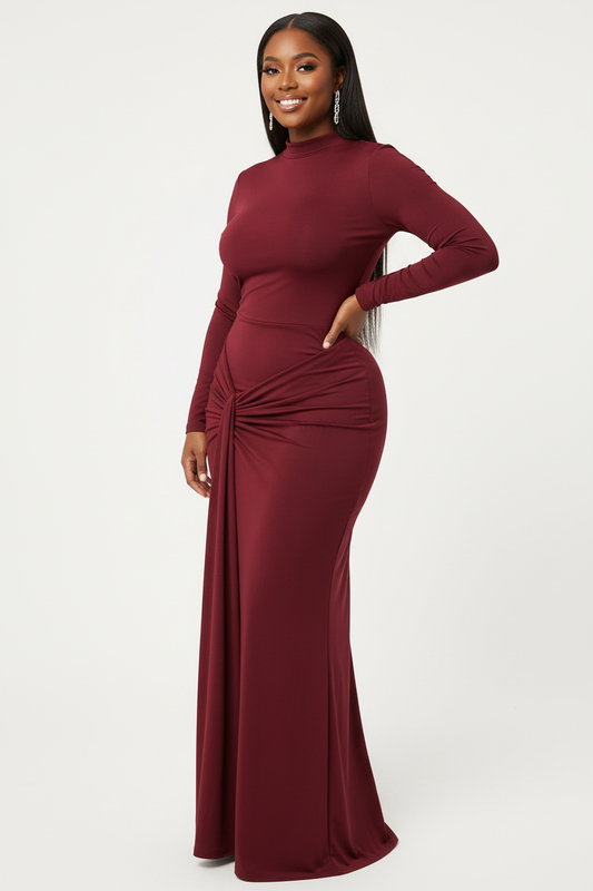 Hourglass model wearing burgundy lace-up dress with straight hair