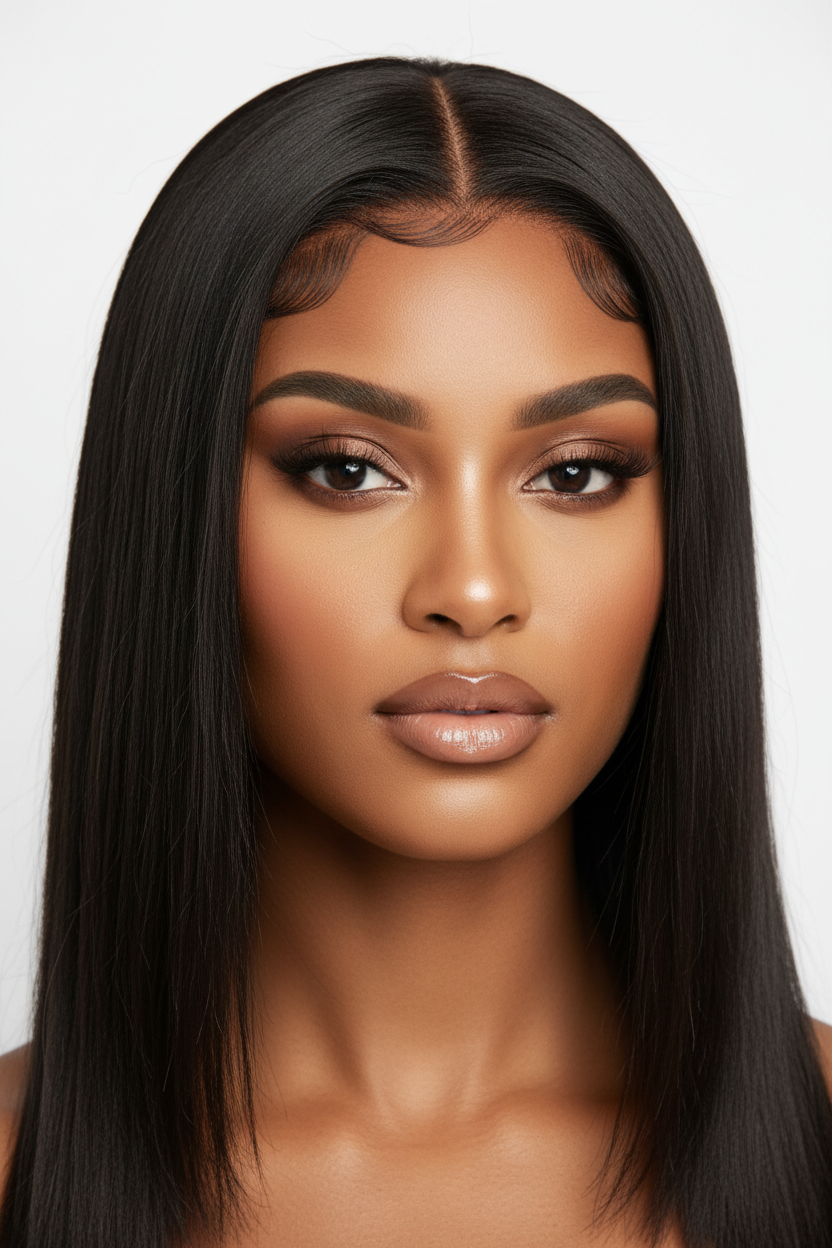 Model with caramel skin tone wearing Lagos Hairline Wig with 13x4 Invisible Lace - Front View