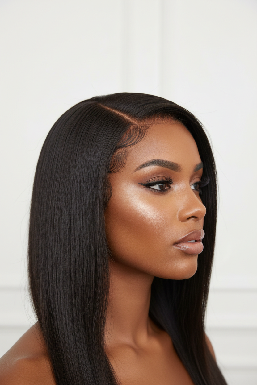 Model with caramel skin tone wearing Lagos Hairline Wig - Side Profile showing natural hairline
