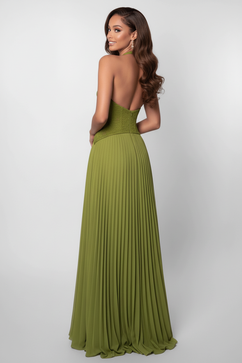 Model wearing Backless Halter Pleated Dress in olive green - Back View