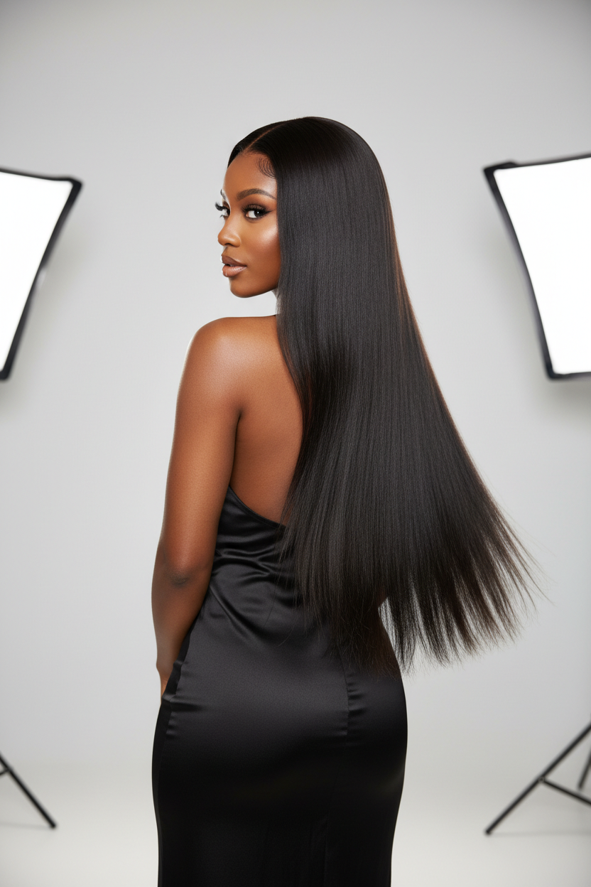 Model with caramel skin tone wearing Lagos Hairline Wig - Back View