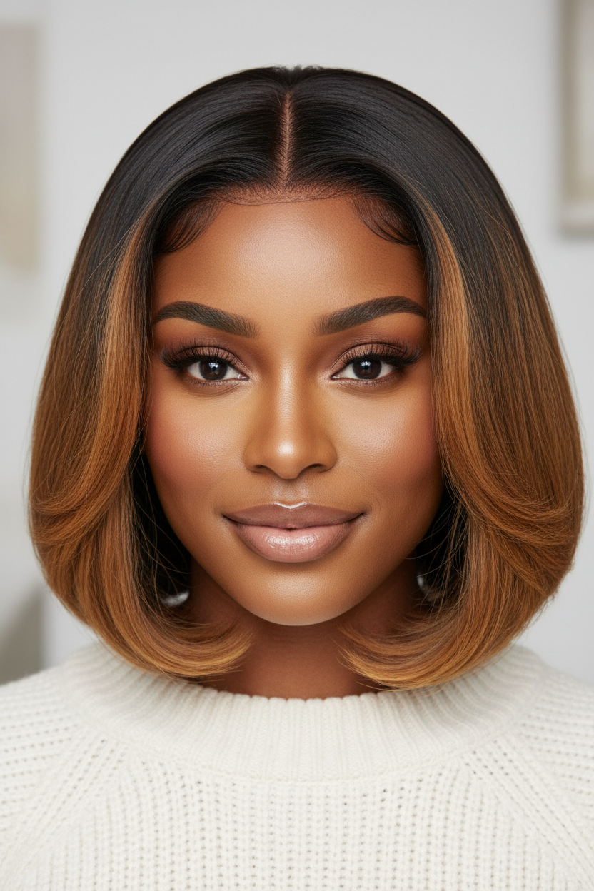 Model with caramel skin tone wearing Ombre Honey Blonde Bob Wig - Close-up
