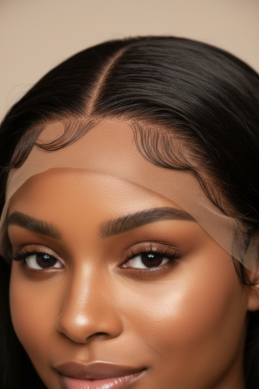 Model with caramel skin tone wearing Lagos Hairline Wig - Close-up showing invisible lace and baby hairs
