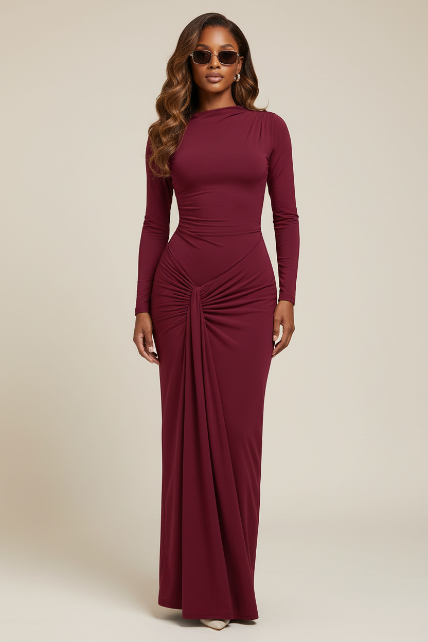 Model wearing burgundy lace-up dress with body wave hair